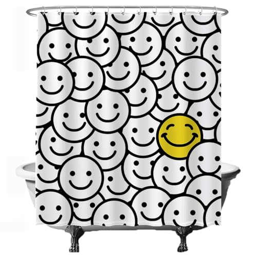 Ulticool Duschvorhang - Smiley Happy Gelb Schwarz Weiß - 180 x 200 cm - waschbar - Anti Schimmel - mit 12 Ringen von Ulticool