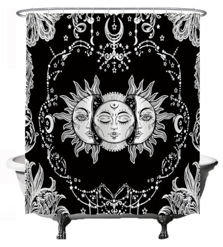 Ulticool Duschvorhang - Sonne Mond Sternzeichen Tarot Natur Bohemian - 180 x 200 cm – Anti Schimmel - Waschbar – Wasserdicht - mit 12 Ringe - Schwarz Weiß von Ulticool