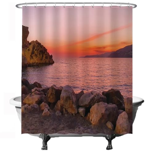 Ulticool Duschvorhang - Sonnenuntergang Natur Meer Sand Strand Spanien - 180 x 200 cm - waschbar - Anti Schimmel - mit 12 Ringen - Rosa Orange Braun von Ulticool
