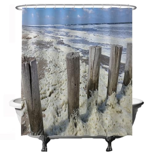 Ulticool Duschvorhang - Strand Meer Küste Niederlande - 180 x 200 cm - Waschbar - Anti Schimmel - mit 12 Ringen - Weiß Blau Beige von Ulticool