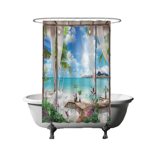Ulticool Duschvorhang – Strand Meer Natur - 120 x 180 cm - Waschbar - Anti Schimmel - mit 8 Ringen - Blau Weiß Grün von Ulticool
