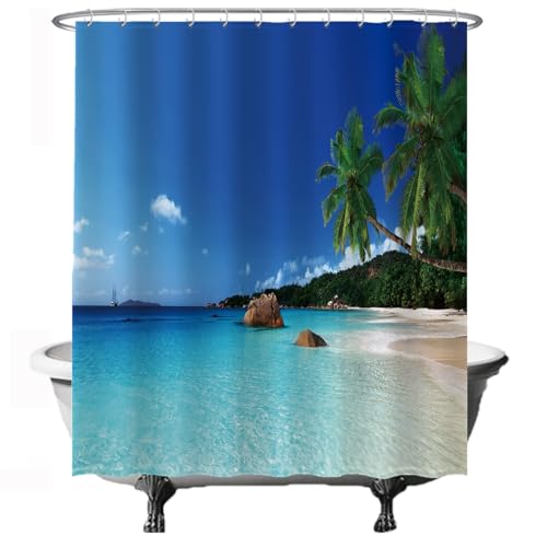 Ulticool Duschvorhang - Strand Natur Meer Insel Palme - 180 x 200 cm – Waschbar – Anti Schimmel - Wasserdicht - mit 12 Ringe - Blau von Ulticool
