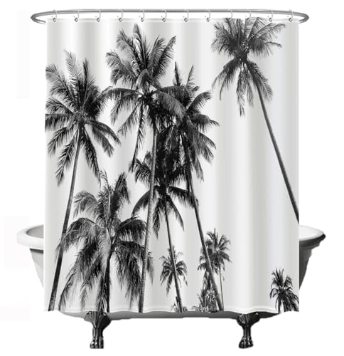 Ulticool Duschvorhang - Strand Natur Retro Vintage Palme Art - 180 x 200 cm – Anti Schimmel - Waschbar – Wasserdicht - mit 12 Ringe - Schwarz Weiß von Ulticool