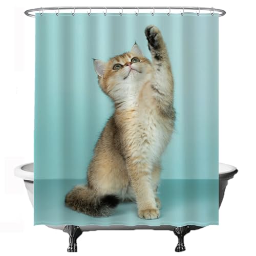 Ulticool Duschvorhang - Süße Katze - 180 x 200 cm – Waschbar – Anti Schimmel - Wasserdicht - mit 12 Ringe - Blau Beige von Ulticool
