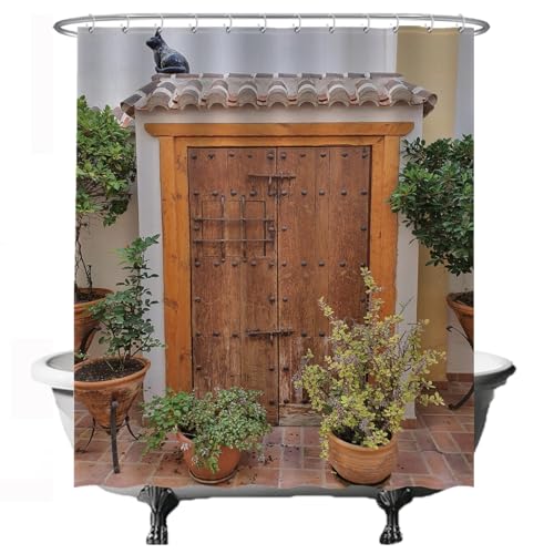 Ulticool Duschvorhang - Türpflanzen Katze Katze Katze Natur - 180 x 200 cm - Waschbar - Anti Schimmel - mit 12 Ringen - Braun Ocker Grün Beige von Ulticool