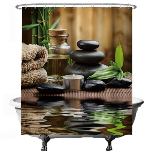 Ulticool Duschvorhang - Zen Spa Meditation Rest Natur - 180 x 200 cm - Waschbar - Anti Schimmel - mit 12 Ringen - Grün Beige Schwarz von Ulticool
