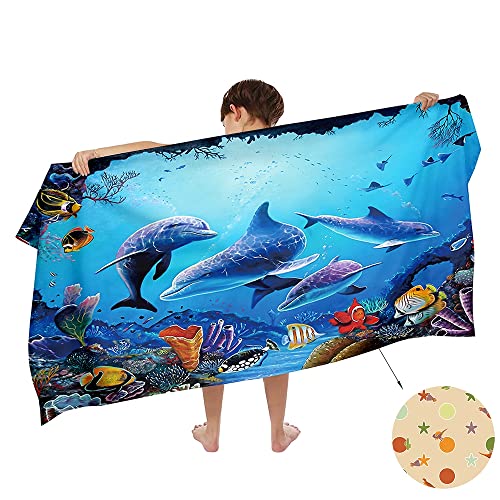 Ulticool – Handtuch Delphin Aquarium Unterwasser – Kind Mädchen Junge – Schnelltrocknendes Badetuch Mikrofaser – 140 x 70 cm – für Reisen Fitness Gym Sport Spa Yoga – Blau von Ulticool