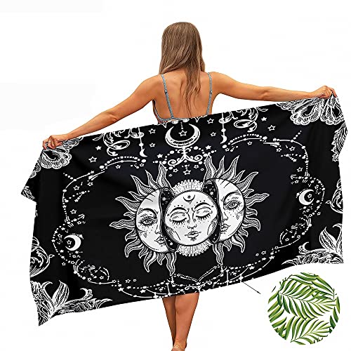 Ulticool – Handtuch Sonne Mond Sternzeichen Tarot Natur Bohemian – Schnelltrocknendes Badetuch Mikrofaser – 160 x 80 cm – für Reisen Fitness Gym Sport – doppelseitiger Druck - Schwarz Weiß von Ulticool