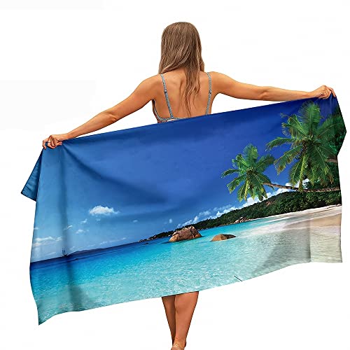 Ulticool – Handtuch Strand Natur Meer Insel Palme – für Mann oder Frau – Schnelltrocknendes Badetuch Mikrofaser – 160 x 80 cm – für Reisen Fitness Yoga – doppelseitiger Druck - Blau von Ulticool