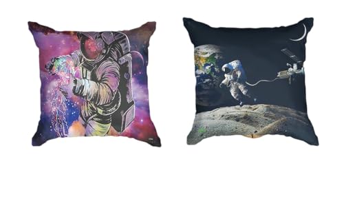 Ulticool - Kissenhülle - Astronaut über Erde Mond Rakete - Set von 2 Motiven – 45 cm x 45 cm - Dekokissen ohne Füllung - Kissenbezug Zubehör für Sofa/Bett - Blau Lila von Ulticool
