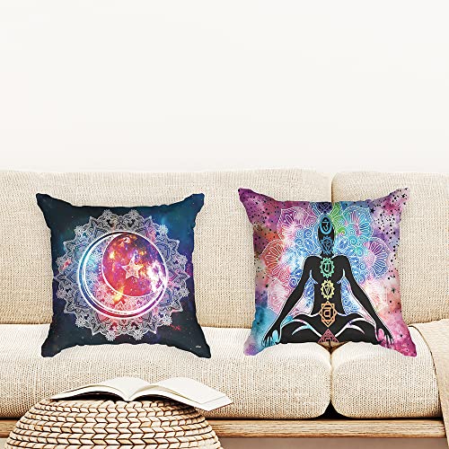 Ulticool - Kissenhülle - Chakra Heilung Aura Spiritualität Mandala - Set von 2 Motiven – 45 cm x 45 cm - Dekokissen ohne Füllung - Kissenbezug Zubehör für Sofa/Bett - Weiß Lila Blau von Ulticool