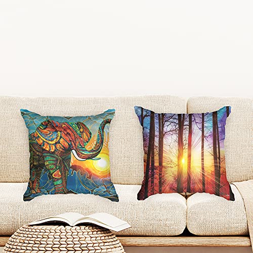 Ulticool - Kissenhülle - Elefant Sonne Boho Bohemien Sonnenuntergang - Orange Violett Blau Gelb - Set von 2 Motiven – 45 cm x 45 cm - Dekokissen ohne Füllung - Kissenbezug Zubehör für Sofa/Bett von Ulticool