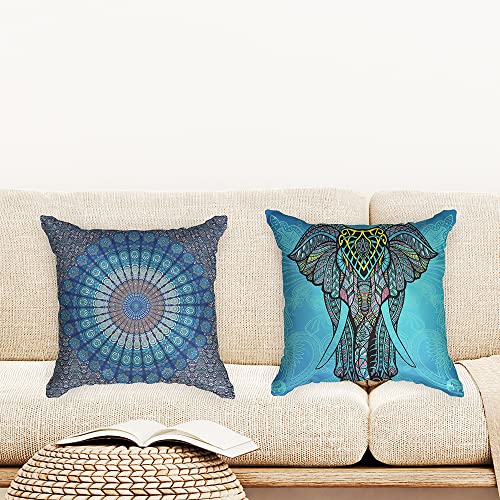 Ulticool - Kissenhülle - Mandala und Elefant Böhmen Hippie Ibiza - Set von 2 Motiven – 45 cm x 45 cm - Dekokissen ohne Füllung - Kissenbezug Zubehör für Sofa/Bett - Blau von Ulticool