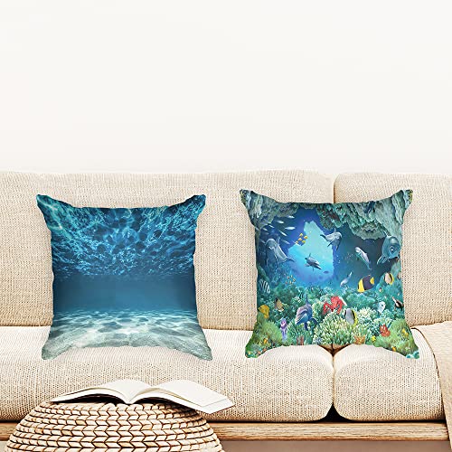 Ulticool - Kissenhülle - Ozean Meer Stille Frieden Tauchen Aquarium Strand - Set von 2 Motiven – 45 cm x 45 cm - Dekokissen ohne Füllung - Kissenbezug Zubehör für Sofa/Bett - Blau von Ulticool