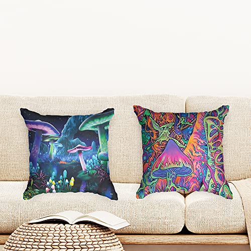 Ulticool - Kissenhülle - Pilz Mushroom - Set von 2 Motiven – 45 cm x 45 cm - Dekokissen ohne Füllung - Kissenbezug Zubehör für Sofa/Bett - Neon Blau Schwarz von Ulticool