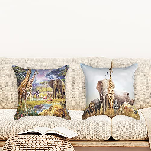 Ulticool - Kissenhülle - Safari Tere Natur Giraffe Elefant - Set von 2 Motiven – 45 cm x 45 cm - Dekokissen ohne Füllung - Kissenbezug Zubehör für Sofa/Bett - Khaki Beige von Ulticool