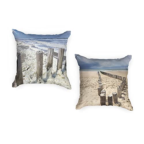 Ulticool - Kissenhülle - Strand Küste Niederlande - Set von 2 Motiven Outdoor Kissen - Wasserfest - 2 Gartenkissen Draussen Ohne Füllung – 45x45 cm – Kissenbezug für den Garten - Blau Weiss von Ulticool