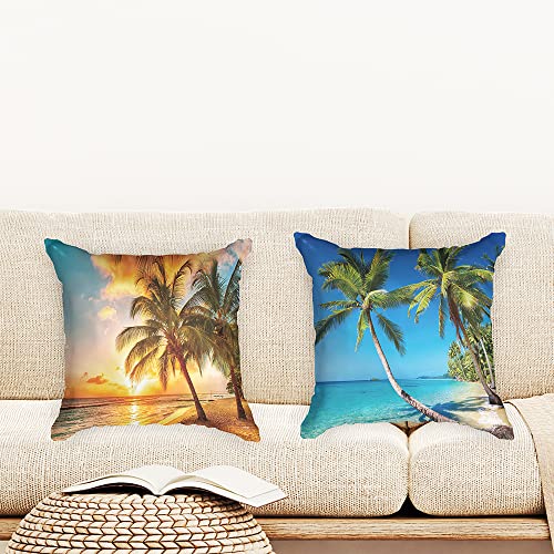 Ulticool - Kissenhülle - Strand Natur Meer Palme Sonnenuntergang - Set von 2 Motiven – 45 cm x 45 cm - Dekokissen ohne Füllung - Kissenbezug Zubehör für Sofa/Bett - Orange Grün Blau von Ulticool