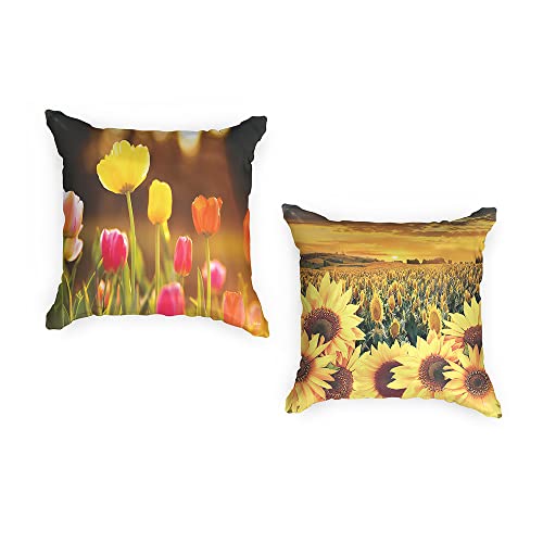 Ulticool - Kissenhülle - Tulpen Blumen Sonnenblume - Set von 2 Motiven Outdoor Kissen - Wasserfest - 2 Gartenkissen Draussen Ohne Füllung – 45 x 45 cm – Kissenbezug für den Garten - Gelb Rot von Ulticool