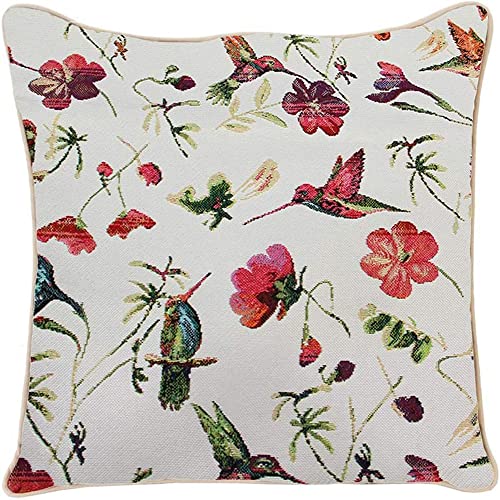 Ulticool - Kissenhülle - Vogel Blumen Natur - Jacquard Gobelin Stoff - Exklusive Kissenfüllung - Dekokissen 45x45 cm - Dekokissenbezug Zubehör - Kissen Sofa zur Dekoration - Weiß Rot Blau Grün von Ulticool