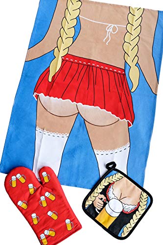 Ulticool - Lustiges Küchenset - Sexy Ofenhandschuh Mitt Bier Gläser - Topflappen - Geschenk für Mann Frau - Junggesellenabschied Geburtstag - Garten Grill - Rot Blau Weiss von Ulticool