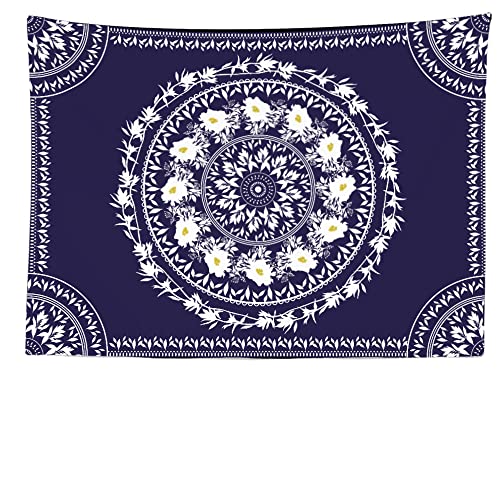 Ulticool Mandala Weiße Blumen Blätter Natur – Wandteppich – 200 x 150 cm – großer Wandteppich – Poster Dekoration – Zubehör Hippie Bohemian – Leinwand – Blau von Ulticool