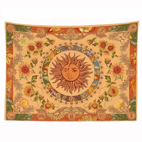 Ulticool - Sonne Mandala Blumen Mond Natur Retro - Wandteppich - 200x150 cm - Großer Wandteppich - Poster - Ocker Gelb Orange Grün von Ulticool