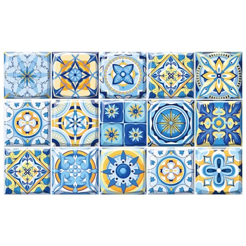 Ulticool – Sticker Wasserdicht Aufkleber Fliesen - Retro Blau Geschirr Design - 15x15 cm - 15 Stück Selbstklebende Fliesenaufkleber aus Folie - Aufkantung für Wand Badezimmer - Küchenwand Küche von Ulticool