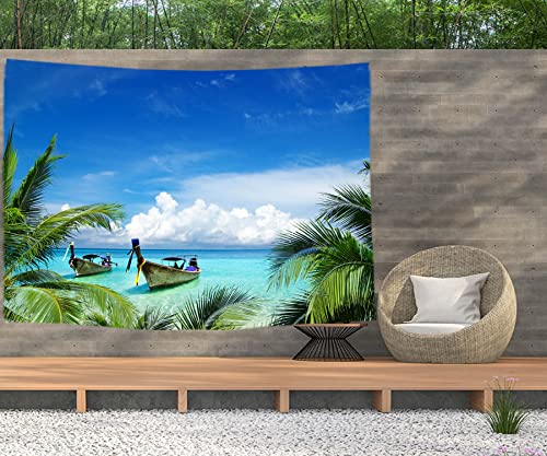 Ulticool – Strand Meer Boot Palme Natur - Wandteppich Poster - 200x150 cm - Gartenposter - Wandteppich groß – Dekoration Zubehörteil für Garten und Wohnzimmer von Ulticool