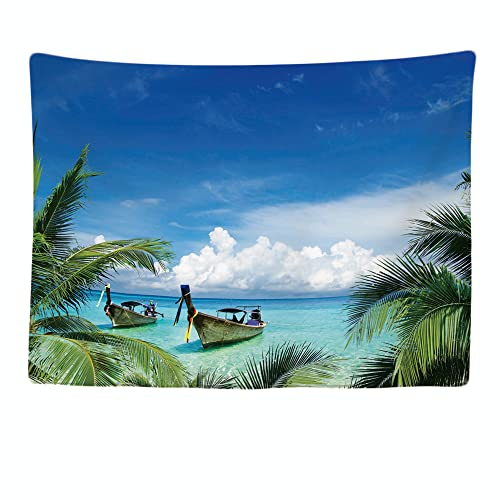 Ulticool - Strand Meer Boot Palmboom Natuur - Wandteppich - 200x150 cm - Großer Wandteppich - Poster Verzierung - Dekoration - Tapete - Leinwand - Malerei - Zubehör Raumteiler - Blau von Ulticool