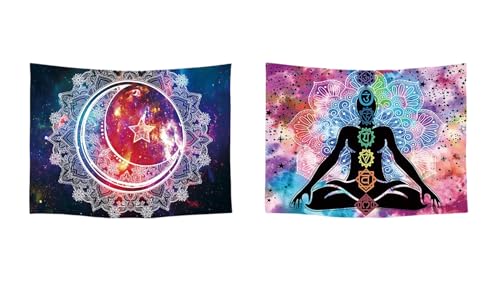 Ulticool – Wandteppich Dekoration Wohnung - Chakra Healing Aura Spiritualität Mandala Weiß Violett Blau - Set von 2 Motiven – 73 cm x 95 cm - Wandtuch - Accessoires für Wohnzimmer von Ulticool