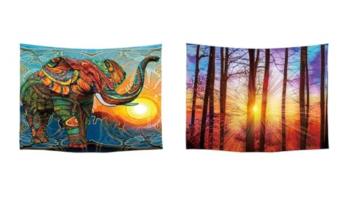 Ulticool – Wandteppich Dekoration Wohnung - Elefant Sonne Boho Bohemien Sonnenuntergang - Orange Violett Blau Gelb - Set von 2 Motiven – 73 cm x 95 cm - Wandtuch - Accessoires für Wohnzimmer von Ulticool