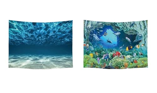 Ulticool – Wandteppich Dekoration Wohnung - Ozean ruhig Aquarium Strand Blau - Set von 2 Motiven – 73 cm x 95 cm - Wandtuch - Accessoires für Schlafzimmer Wohnzimmer Kinderzimmer von Ulticool