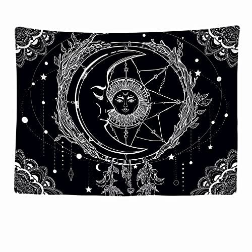 Ulticool - Wandteppich Dekoration Wohnung - Sonne Mond Mandala Schwarz Weiß Tarot - 200 x 150 cm groß - Wandtuch Wandbehänge - Accessoires für Schlafzimmer Wohnzimmer Kinderzimmer von Ulticool