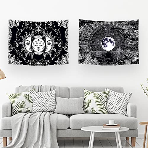 Ulticool – Wandteppich Dekoration Wohnung - Sonne Mond Tierkreis Tarot Bohemien - Schwarz Weiß - Set von 2 Motiven – 73 cm x 95 cm - Wandtuch von Ulticool