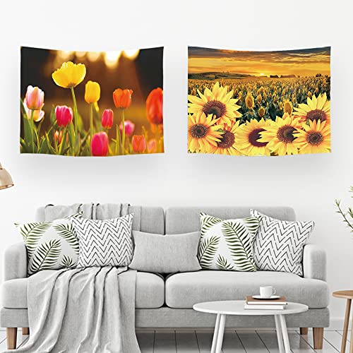 Ulticool – Wandteppich Dekoration Wohnung - Tulpen Blumen Natur Sonnenblume Sonne Sommer - Gelb Rosa Orange - Set von 2 Motiven – 73 cm x 95 cm - Wandtuch von Ulticool