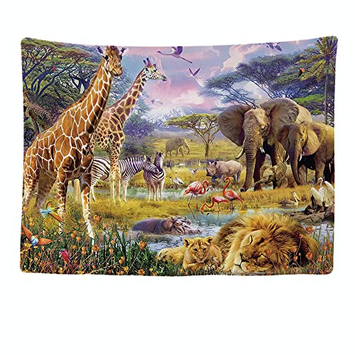 Ulticool - Wandteppich Tapestry Dekoration Wohnung - Safari Tier Natur Giraffen Elefant- 200 x 150 cm groß - Wandtuch Wandbehänge - Accessoires für Schlafzimmer Wohnzimmer Kinderzimmer von Ulticool