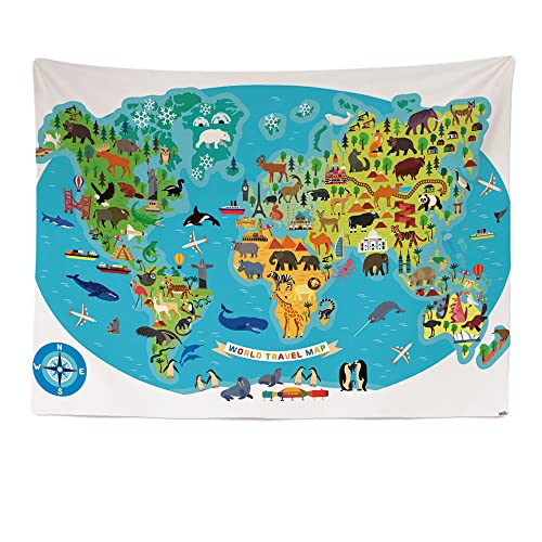 Ulticool - Weltkarte Tiere Natur – Wandteppich – 200 x 150 cm Poster Dekoration – Geschenk für Mädchen Jungen – Dekoration – Steppdecke – Teppich – Leinwand – Malerei – Zubehör Wandteppich von Ulticool