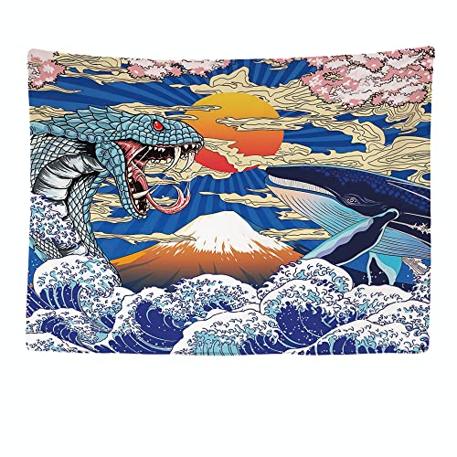 Ulticool Whale Snake Art Japan Wandteppich, 200 x 150 cm, großer Wandteppich, Poster, Stoffbekleidung, Zubehör für Schlafzimmer, Wohnzimmer, Schlafzimmer von Ulticool