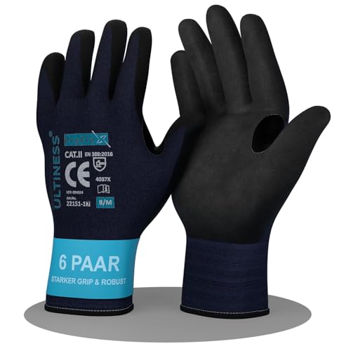 Ultiness® ProFlex Arbeitshandschuhe Herren & Damen (6 Paar) Gartenhandschuhe & Montagehandschuhe, Handschuhe Nitril, Handschuhe Arbeit, atmungsaktiv für Handwerker, Feinmechaniker (10 - XL) von Ultiness