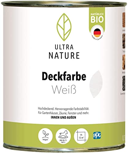 ULTRA NATURE Deckfarbe für Innen und Außen, 0,75L, Weiss, Vegan, Bio, Lösemittelfrei, UV-Schutz, Wetterschutz von Ultra Nature