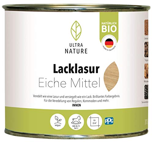 ULTRA NATURE Lacklasur 0,375L, Eiche Mittel, Vegan, Bio, Lösemittelfrei, Seidenglanzend, Holzlasur von Ultra Nature