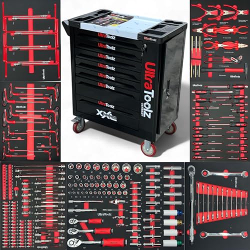 UltraToolz Werkzeugwagen 7/7 bestückt – 7 Schubladen voll mit Handwerkzeug + Profi-Drehmomentschlüssel Werkstattwagen mit Rollen & Zentralverriegelung CR-V Stahl Rollwagen von Ultra Toolz GERMANY