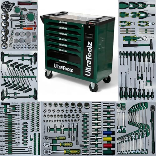 Ultratoolz Werkstattwagen 7 Schubladen + 1 Seitenfach – befüllt mit Werkzeugset – rollbarer Werkzeugwagen mit Zentralverriegelung & Schwerlastrollen – ideal für Werkstatt & Garage von Ultra Toolz GERMANY