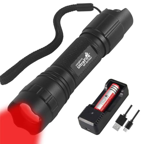 UltraFire Rotes Licht LED Taschenlampe 620-630nm Stufenlose Dimmung Zoom Rotlicht Lampe, mit 3,7V 2600mAh Wiederaufladbare Batterie und Ladegerät für Nachtsicht Jagd von UltraFire