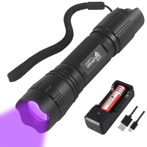 UltraFire UV Taschenlampe 395-405nm Schwarzlicht Stufenlose Dimmung Zoom Mini Ultraviolett LED Taschenlampe, mit 3,7V 2600mAh Wiederaufladbare Batterie und Ladegerät von UltraFire