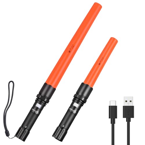 UltraFire 2er-Pack Wiederaufladbare Verkehrsstab LED Taschenlampe, 619 Lumen Signalstab für Verkehrskontrolle, 3 Modi mit Rotes Blinklicht für Feuerwehr, Flughafen, Pannenhelfer von UltraFire