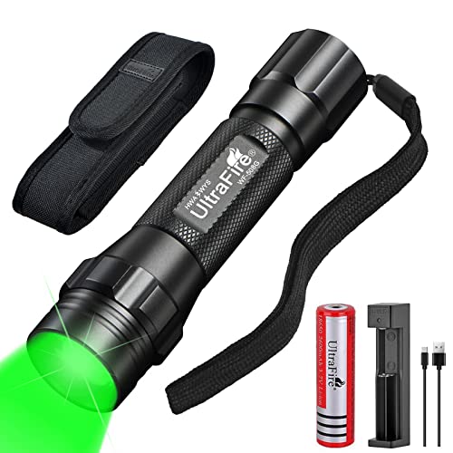 UltraFire Grüne LED Taschenlampe 520-530nm Grünes Licht Zoomable Single Modus Mini Taktische Jagd Taschenlampe mit Holster, 2600mAh Wiederaufladbarer Batterie und Ladegerät, für Nachtsicht von UltraFire