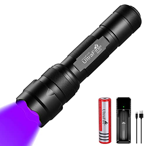 UltraFire UV LED Taschenlampe 395-405nm Schwarzlicht Zoomable Mini Ultraviolette Lampe, mit 2600mAh Wiederaufladbare Batterie und Ladegerät, für Urinflecken von Haustieren, Aushärtende Harze von UltraFire