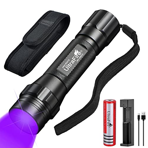 UltraFire UV Taschenlampe 395-405nm Schwarzlicht Zoombare Ultraviolett LED Taschenlampe mit Holster, 3,7V 2600mAh Wiederaufladbare Batterie und Ladegerät, WF-508UV von UltraFire